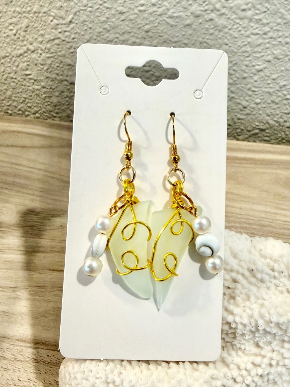 8. Mint green Sea Glass Earrings with White Pearls and shiva shells
